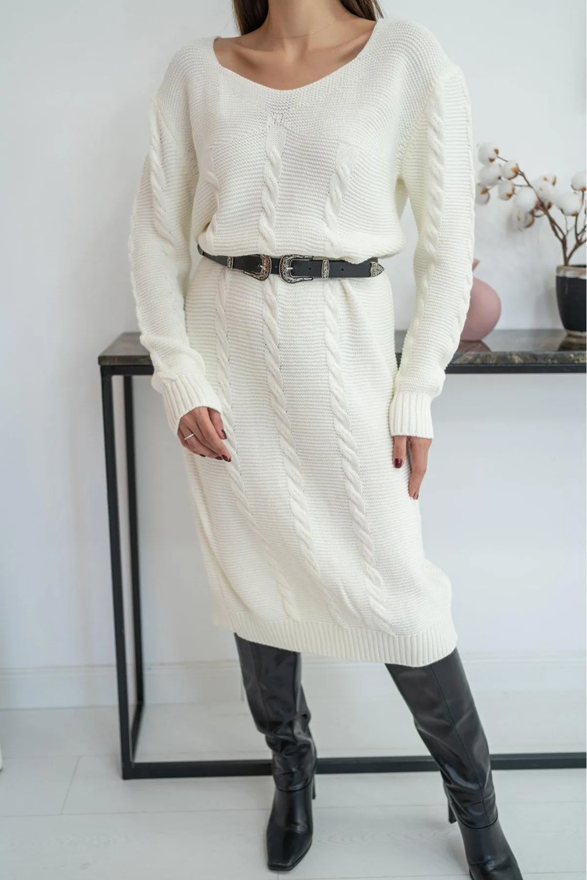 ELS Belted Knit Dress - White - Bebington