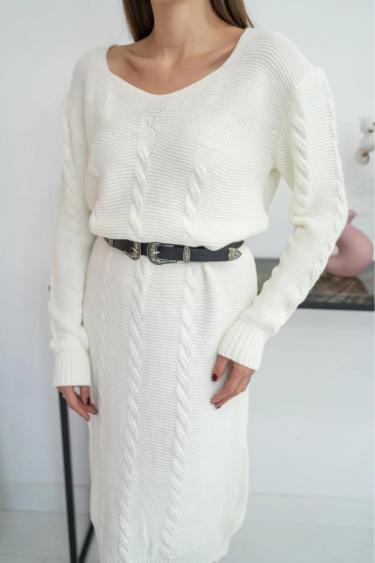 ELS Belted Knit Dress - White - Bebington