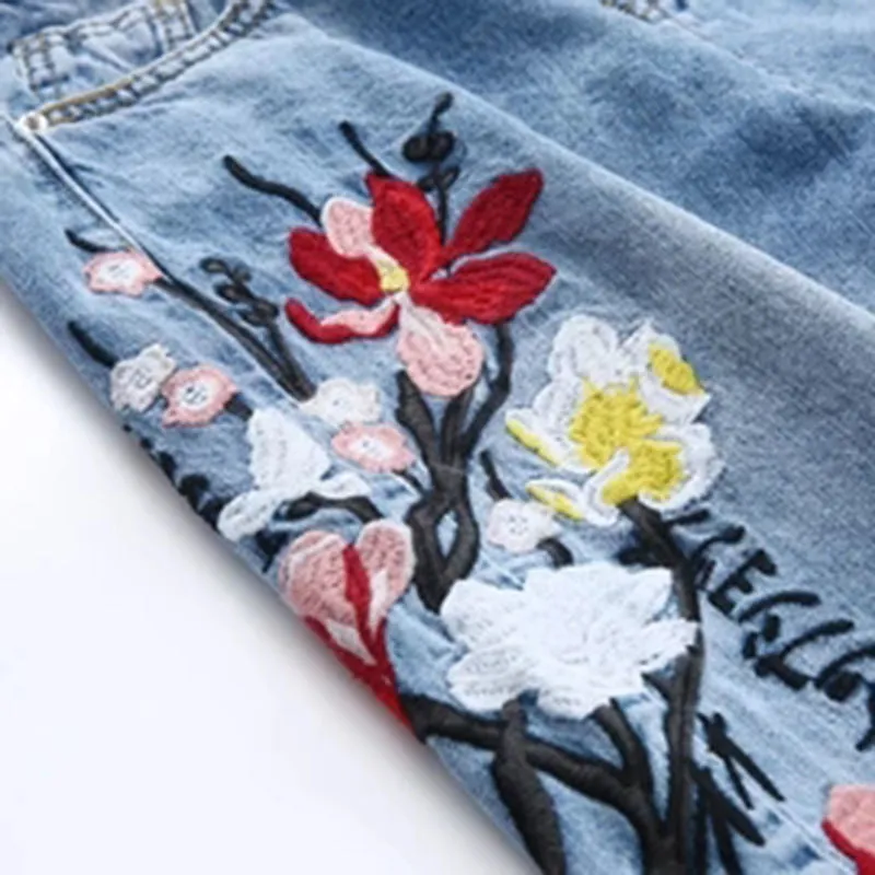 Embroidery Flowers Curled 9/10 Pencil Jeans Denim Pants