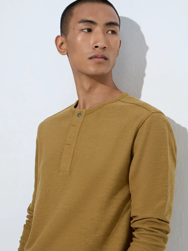 ETA Dark Mustard Henley Relaxed-Fit Cotton T-Shirt