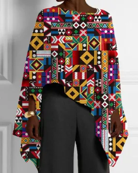 Ethnic Style Geometric Black Vintage Print Irregular Cape Top