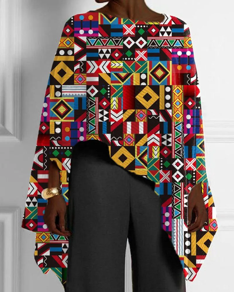 Ethnic Style Geometric Black Vintage Print Irregular Cape Top