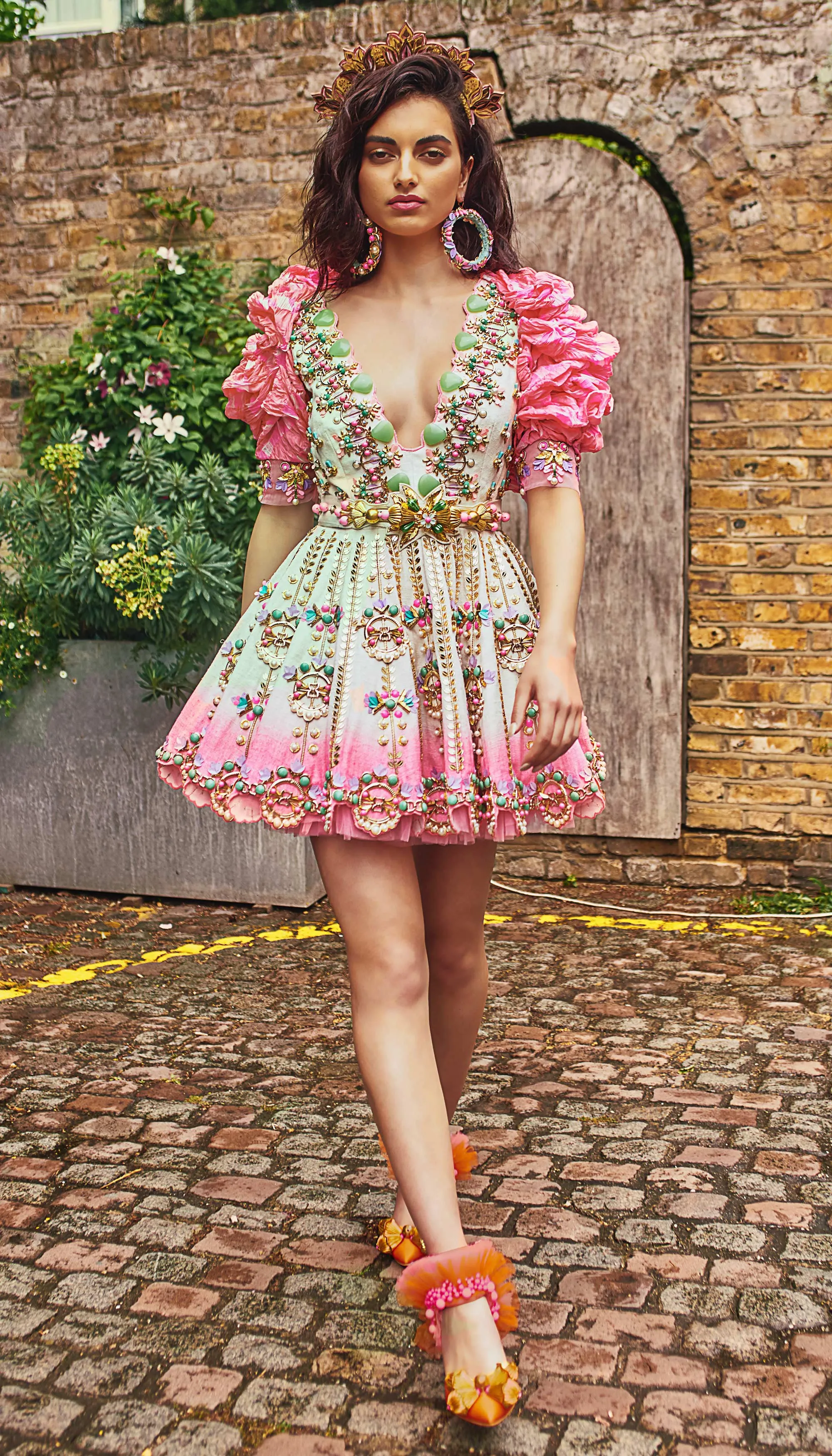 FROM BEVERLY HILLS - IVORY AND PINK EMBELLISHED BABY DOLL DRESS WITH SHRUG