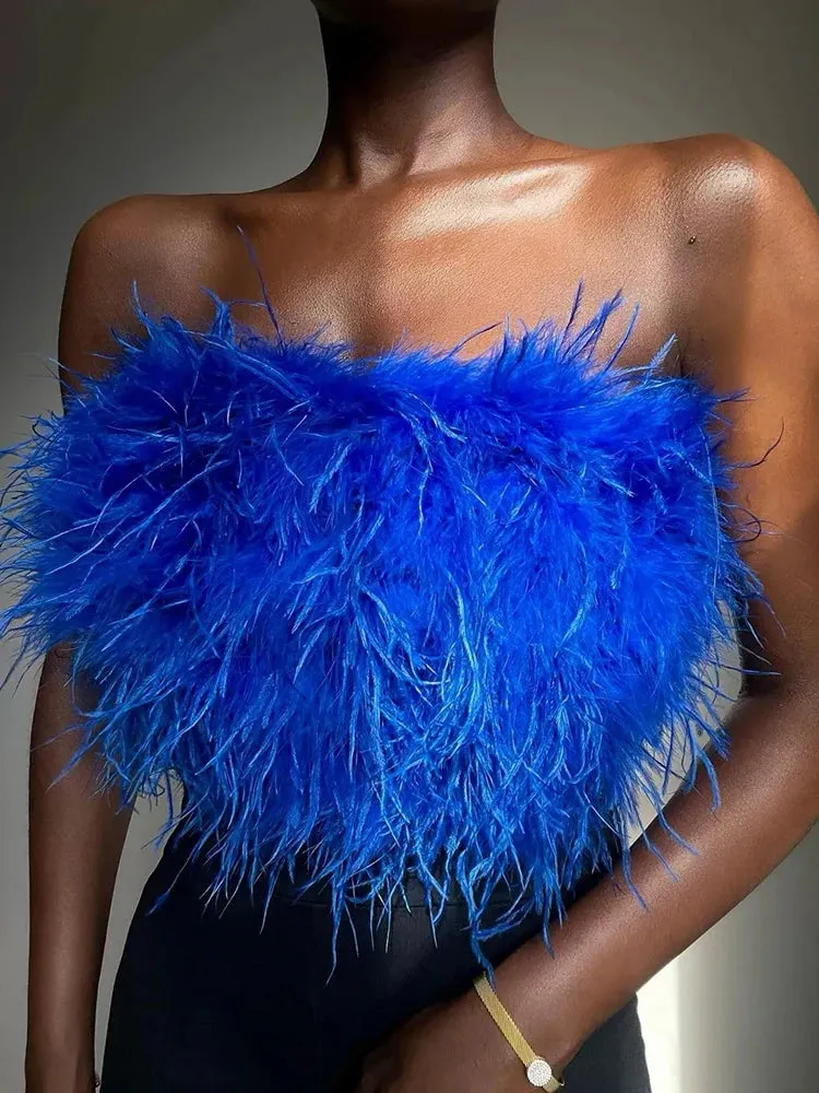 Fur Feather Strapless Bustier Fluffy Corset Tube Top