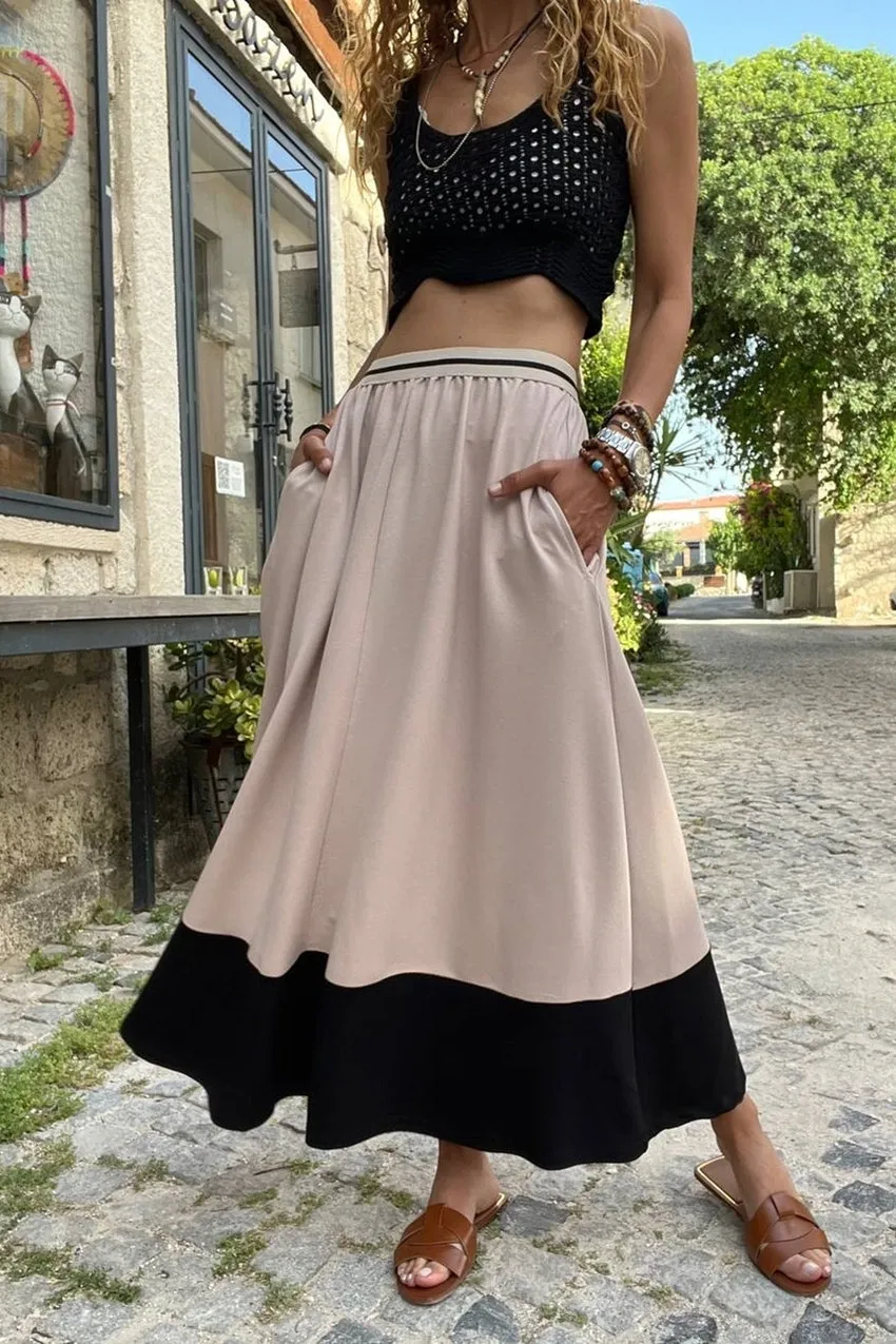 GNS Woman Beige Belted Striped Elastic Color Block Oversized Long Skirt BST700-3535 - Ivano-Frankivsk