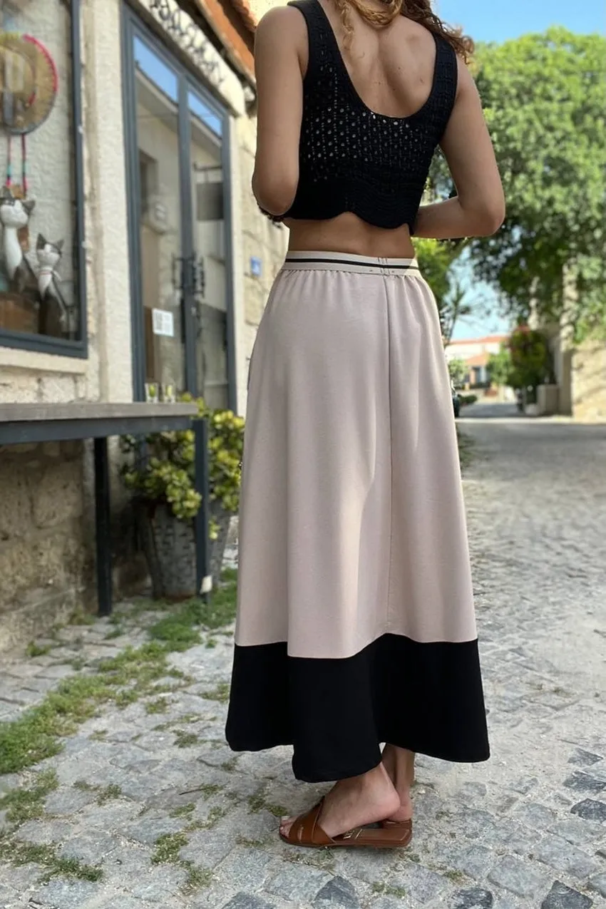 GNS Woman Beige Belted Striped Elastic Color Block Oversized Long Skirt BST700-3535 - Ivano-Frankivsk