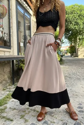 GNS Woman Beige Belted Striped Elastic Color Block Oversized Long Skirt BST700-3535 - Ivano-Frankivsk