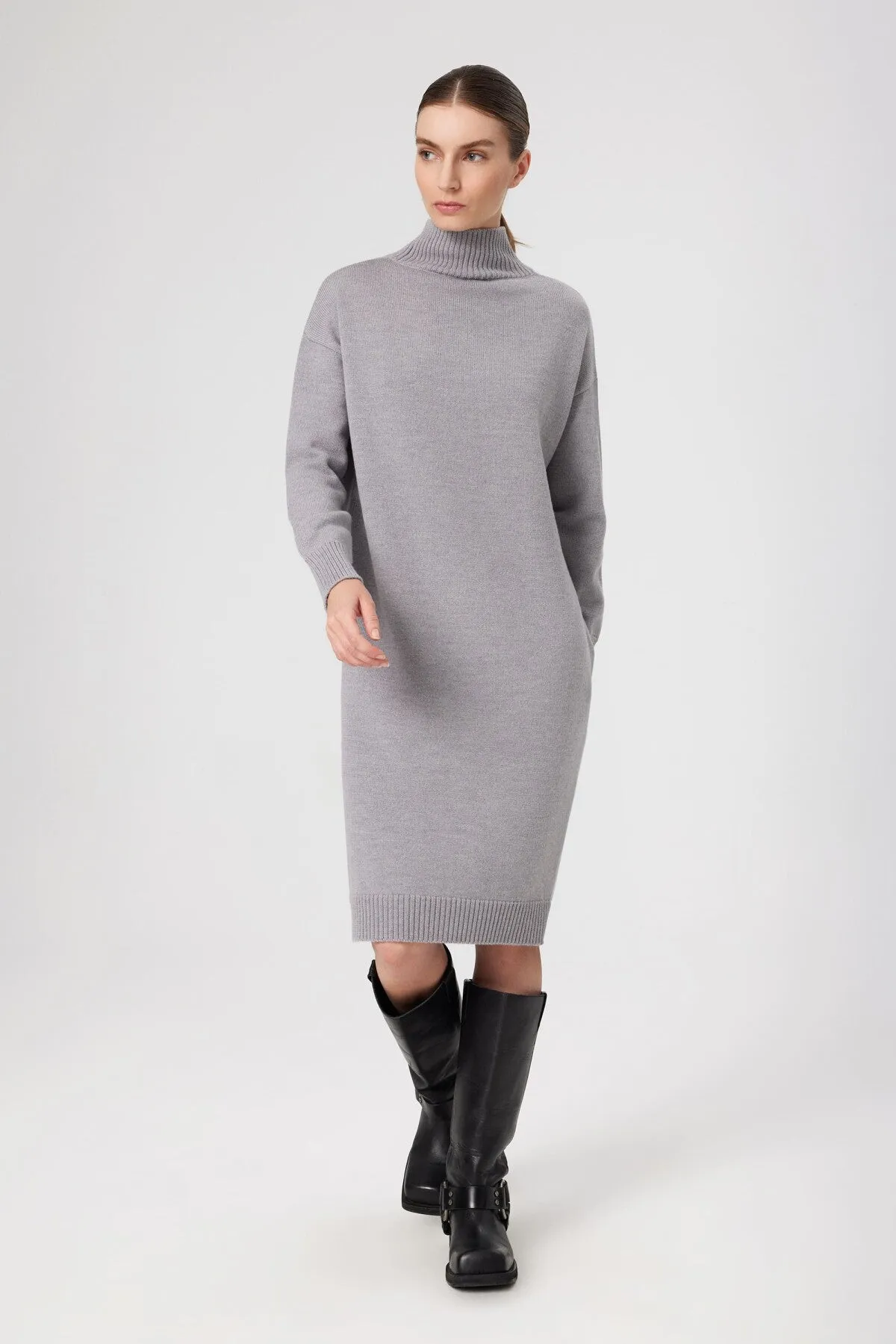 Gray 100% Wool Turtleneck Midi Length Dress