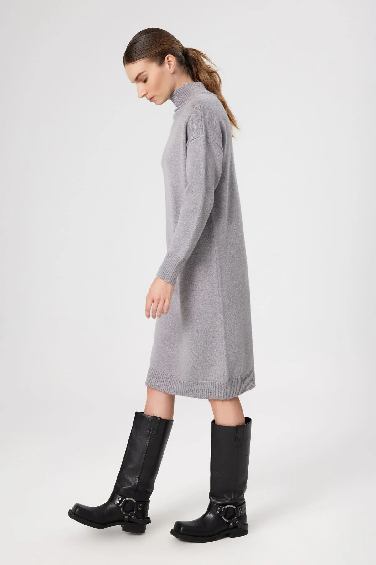 Gray 100% Wool Turtleneck Midi Length Dress