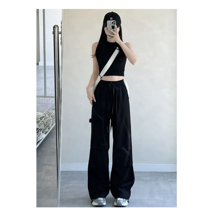 High Rise Drawstring Plain Wide Leg Parachute Cargo Sweatpants