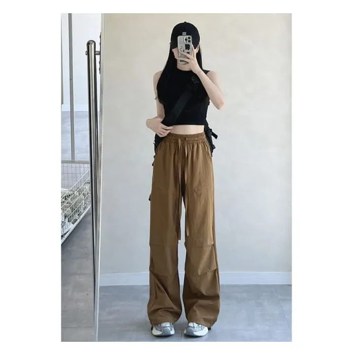High Rise Drawstring Plain Wide Leg Parachute Cargo Sweatpants