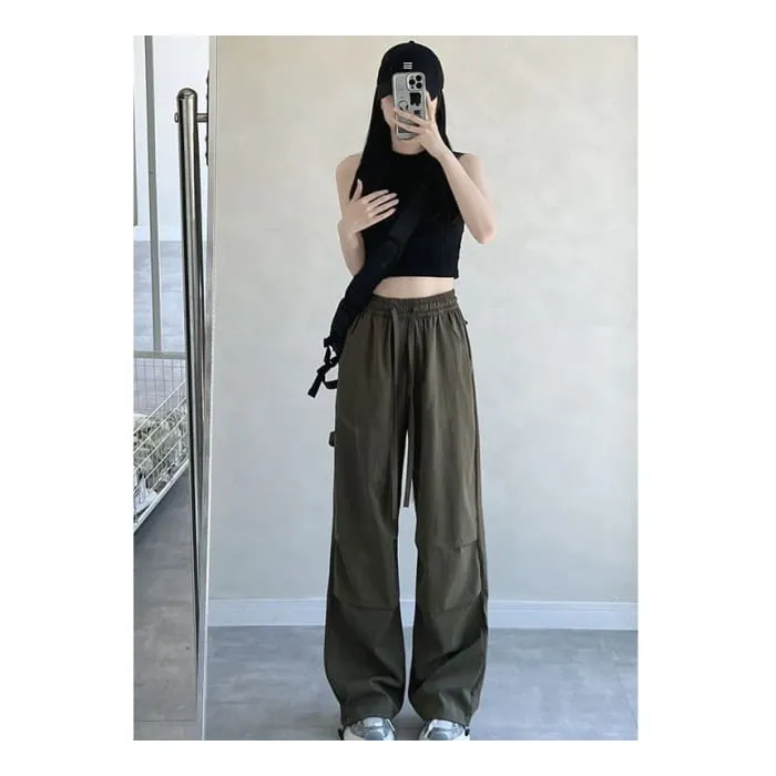 High Rise Drawstring Plain Wide Leg Parachute Cargo Sweatpants