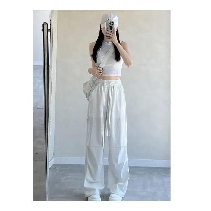 High Rise Drawstring Plain Wide Leg Parachute Cargo Sweatpants