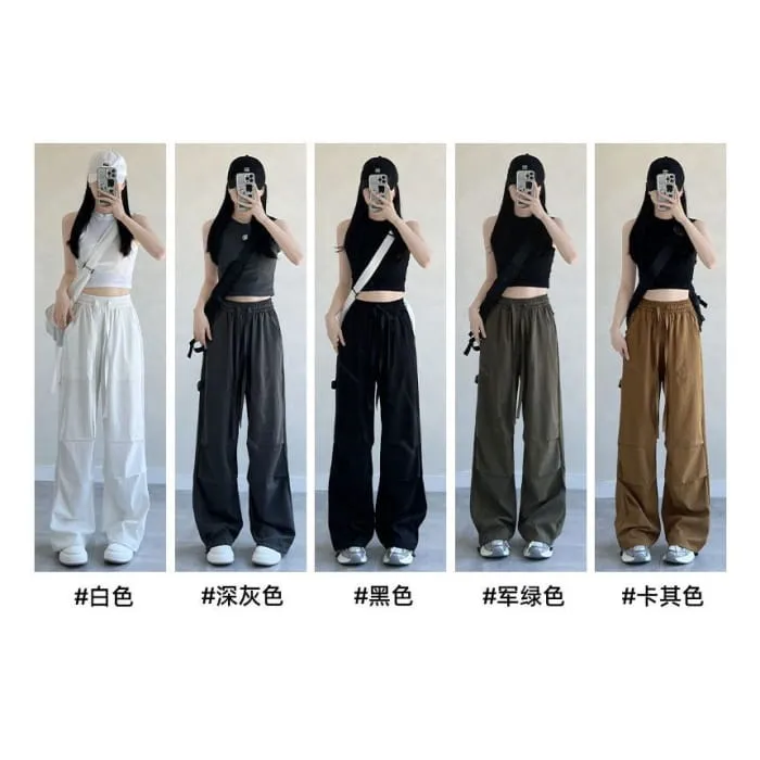 High Rise Drawstring Plain Wide Leg Parachute Cargo Sweatpants