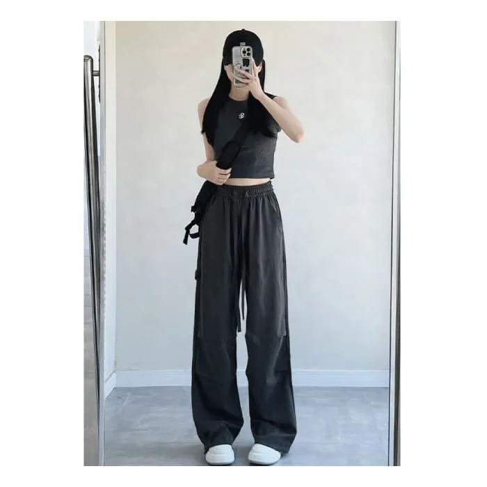 High Rise Drawstring Plain Wide Leg Parachute Cargo Sweatpants