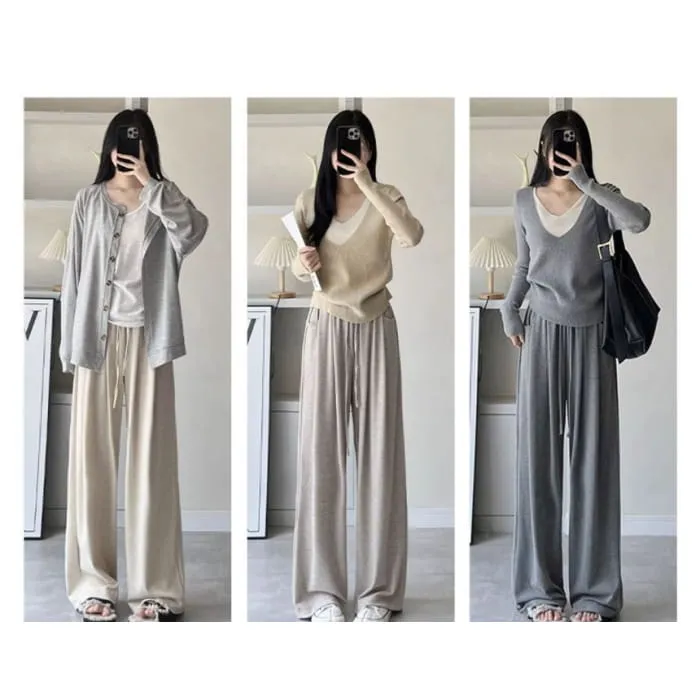 High Rise Drawstring Pocketed Drape Knit Wide Leg Plain Sweatpants