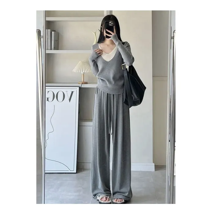 High Rise Drawstring Pocketed Drape Knit Wide Leg Plain Sweatpants