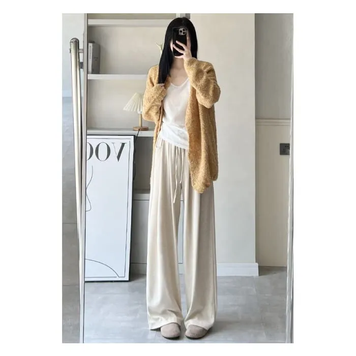 High Rise Drawstring Pocketed Drape Knit Wide Leg Plain Sweatpants