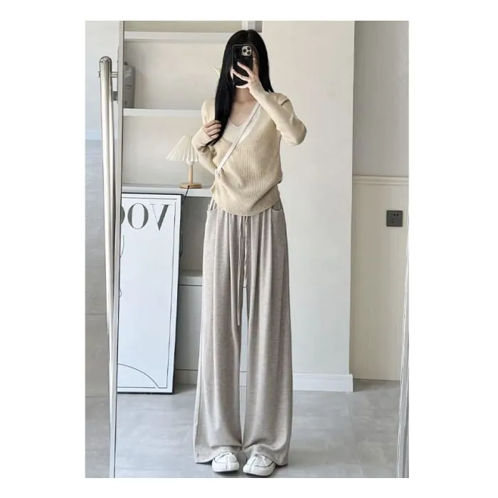 High Rise Drawstring Pocketed Drape Knit Wide Leg Plain Sweatpants