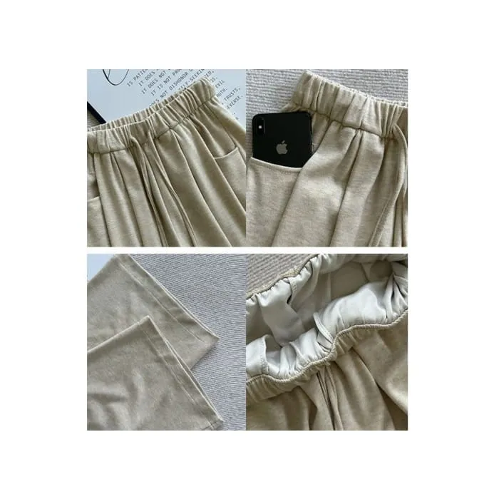 High Rise Drawstring Pocketed Drape Knit Wide Leg Plain Sweatpants