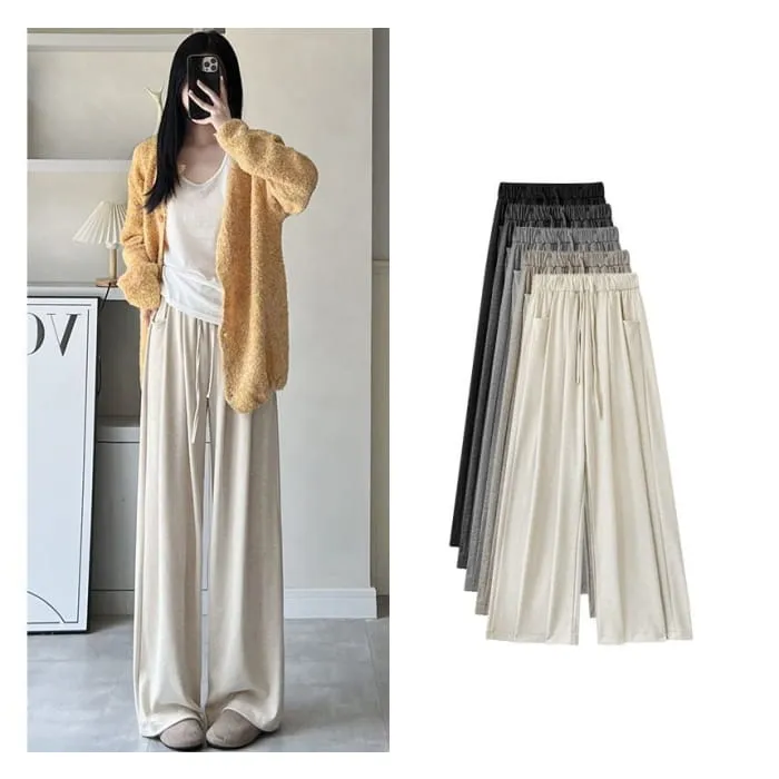 High Rise Drawstring Pocketed Drape Knit Wide Leg Plain Sweatpants