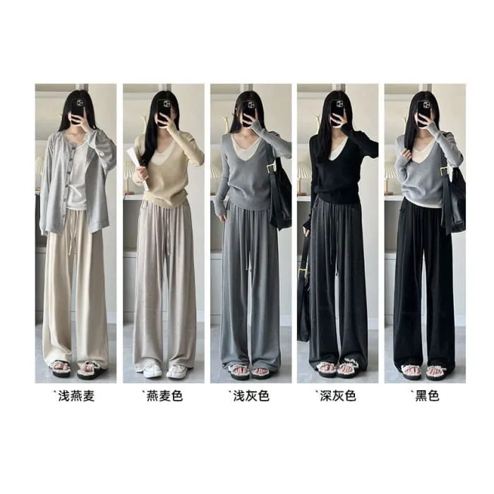High Rise Drawstring Pocketed Drape Knit Wide Leg Plain Sweatpants