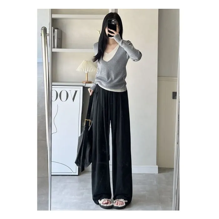 High Rise Drawstring Pocketed Drape Knit Wide Leg Plain Sweatpants
