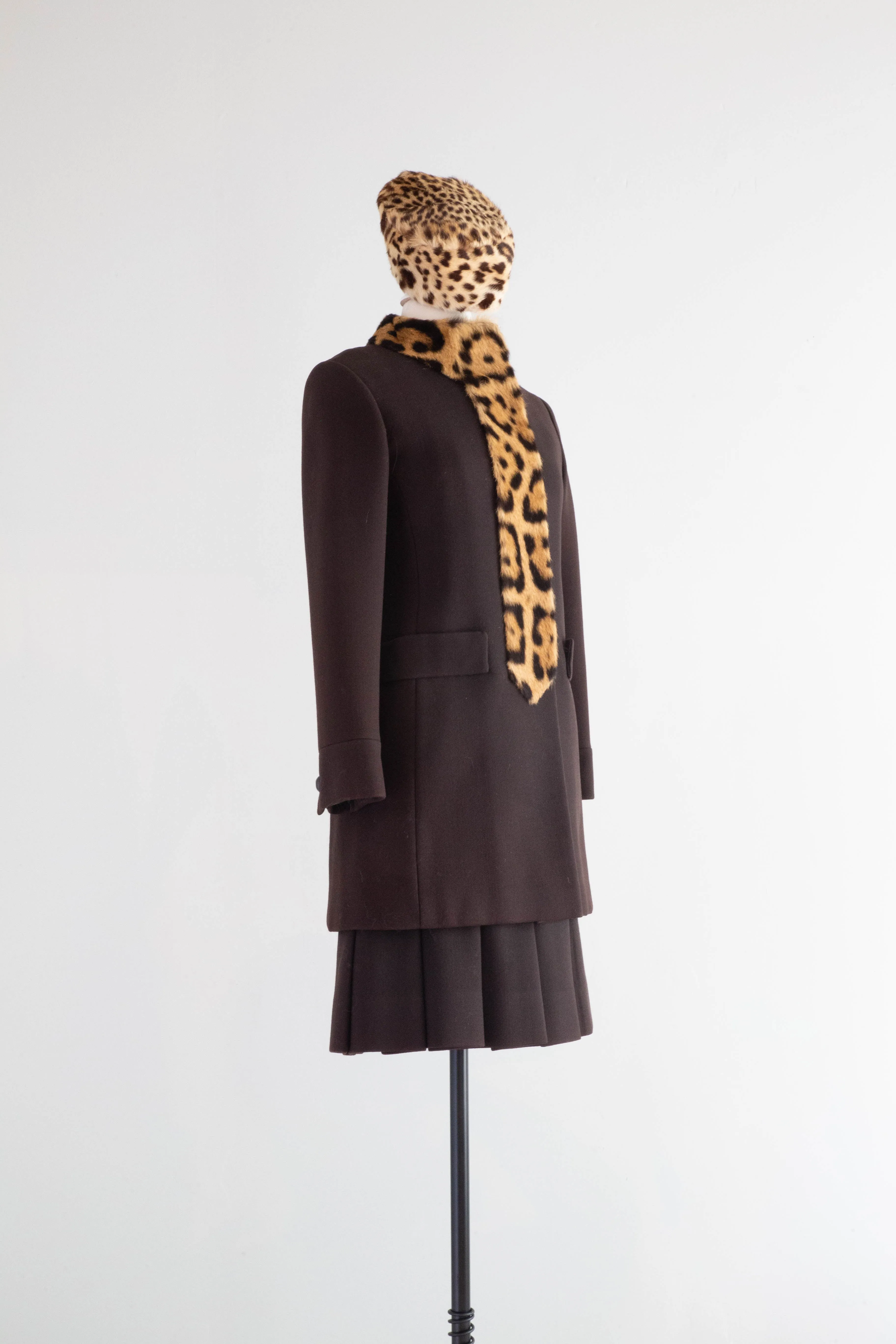 Iconic 1960's Chocolate Wool Dress & Matching Coat With Leopard Print Trim / Small