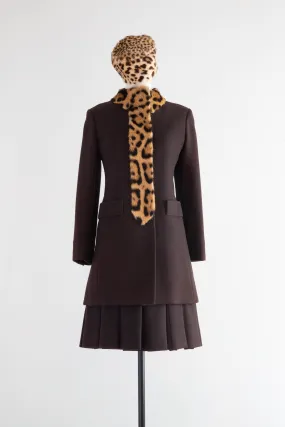 Iconic 1960's Chocolate Wool Dress & Matching Coat With Leopard Print Trim / Small