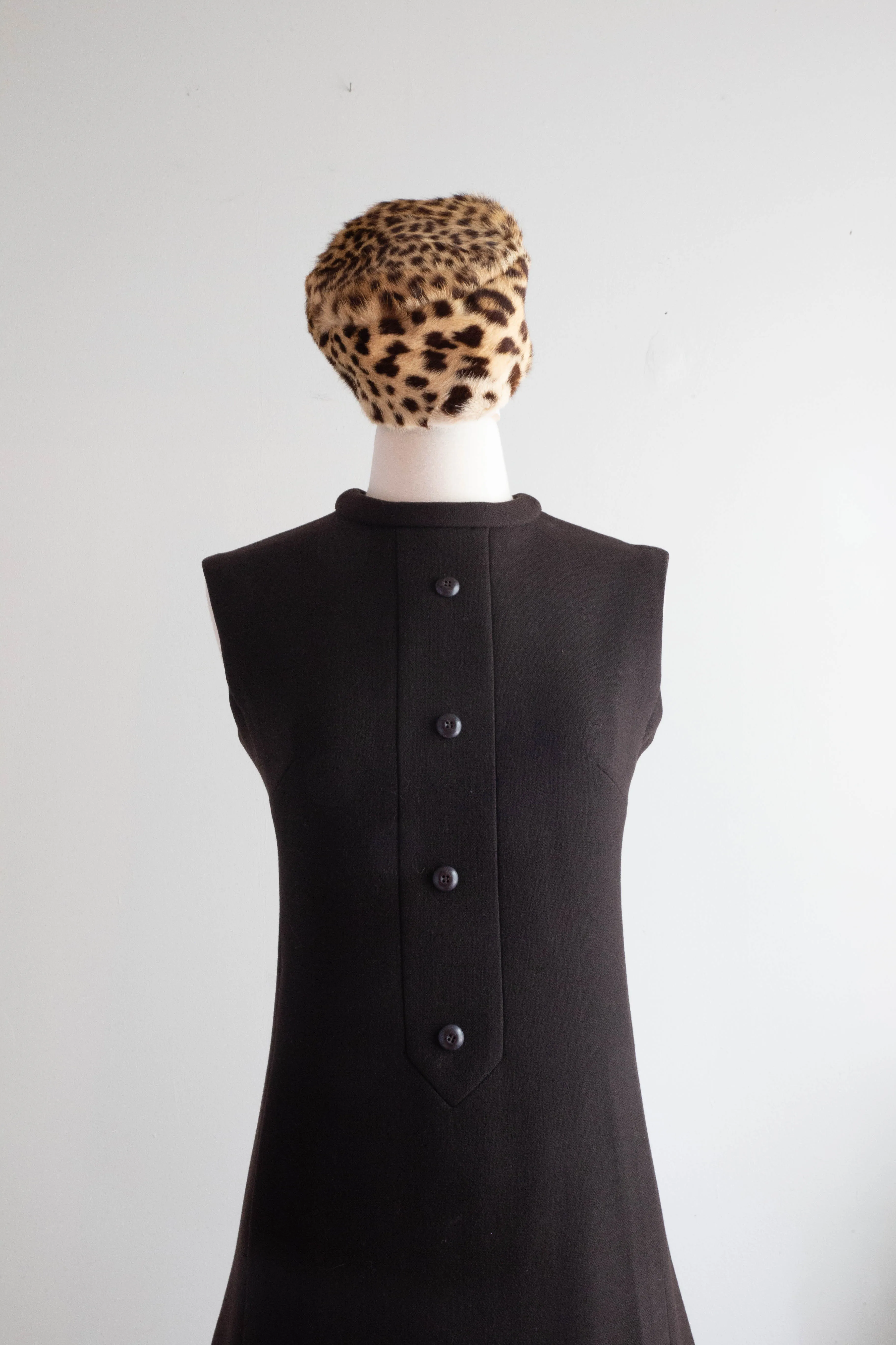 Iconic 1960's Chocolate Wool Dress & Matching Coat With Leopard Print Trim / Small