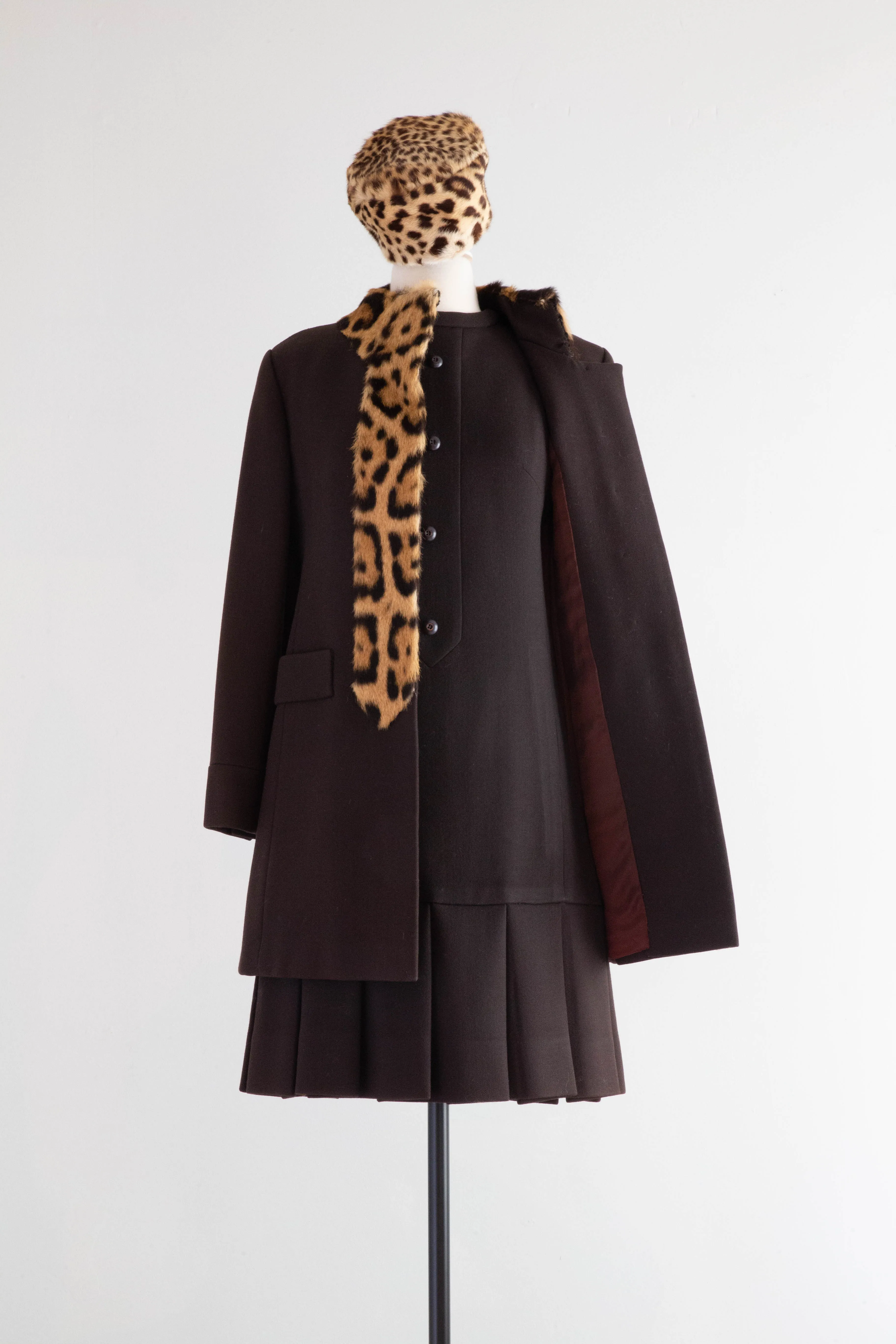 Iconic 1960's Chocolate Wool Dress & Matching Coat With Leopard Print Trim / Small