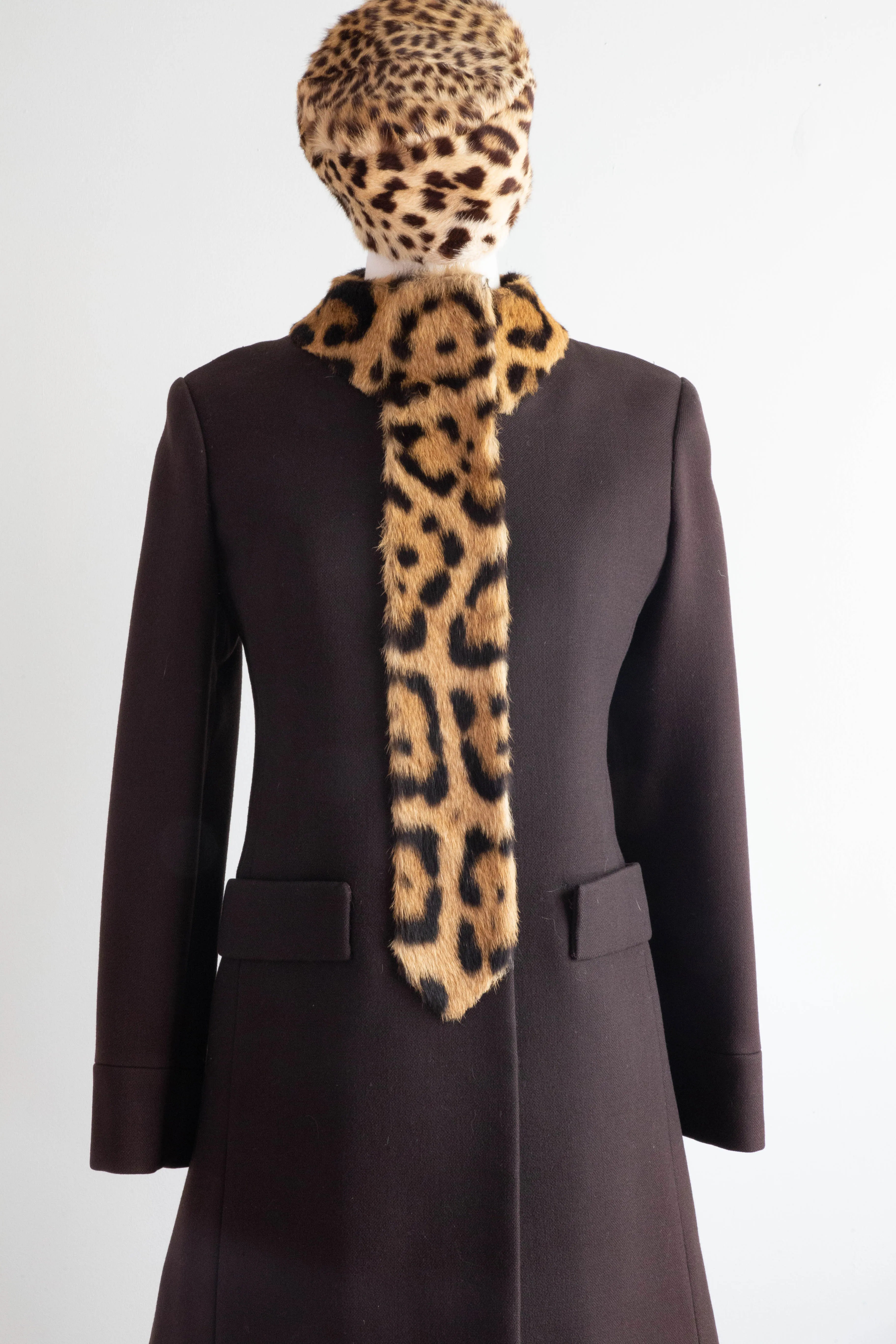 Iconic 1960's Chocolate Wool Dress & Matching Coat With Leopard Print Trim / Small
