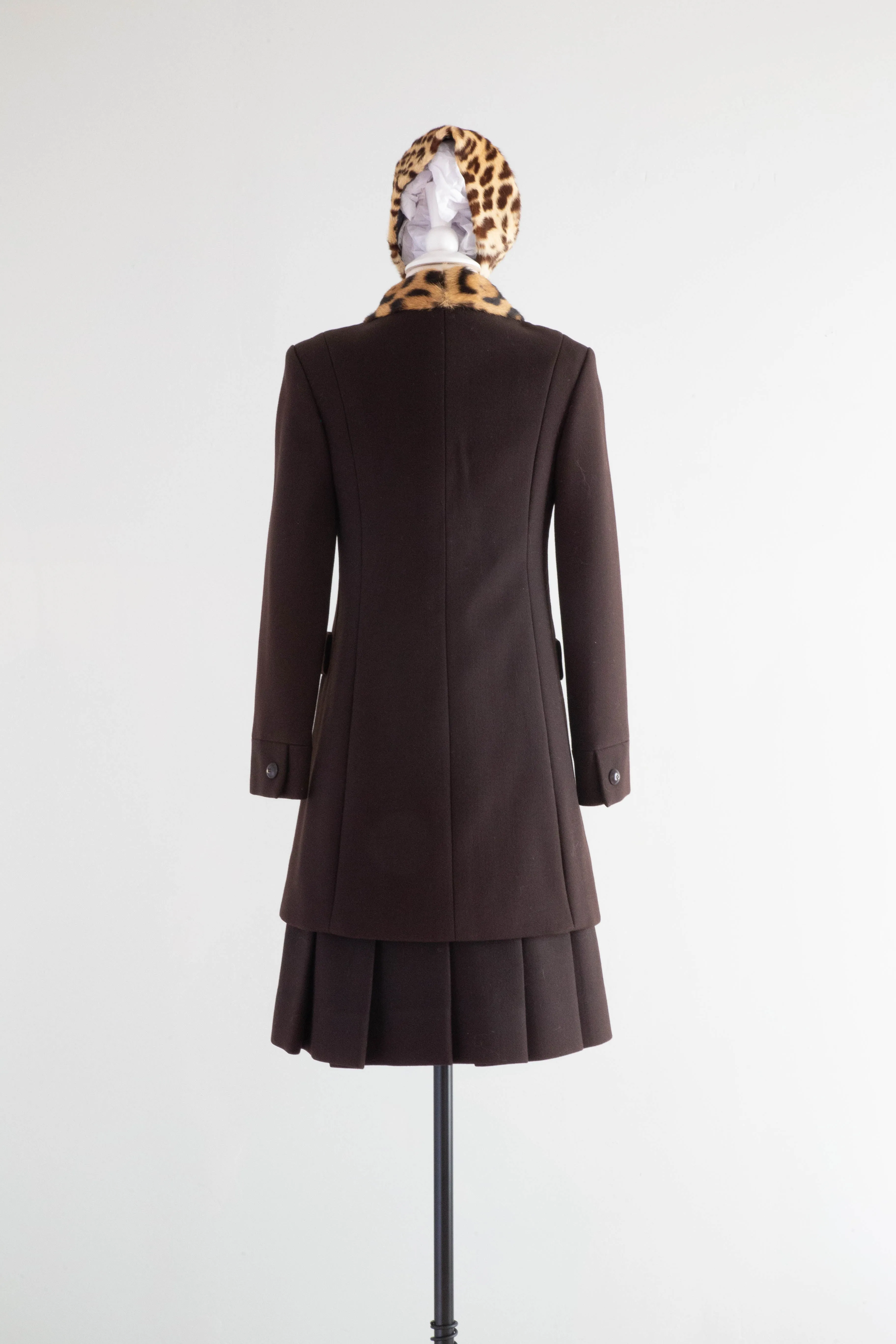 Iconic 1960's Chocolate Wool Dress & Matching Coat With Leopard Print Trim / Small