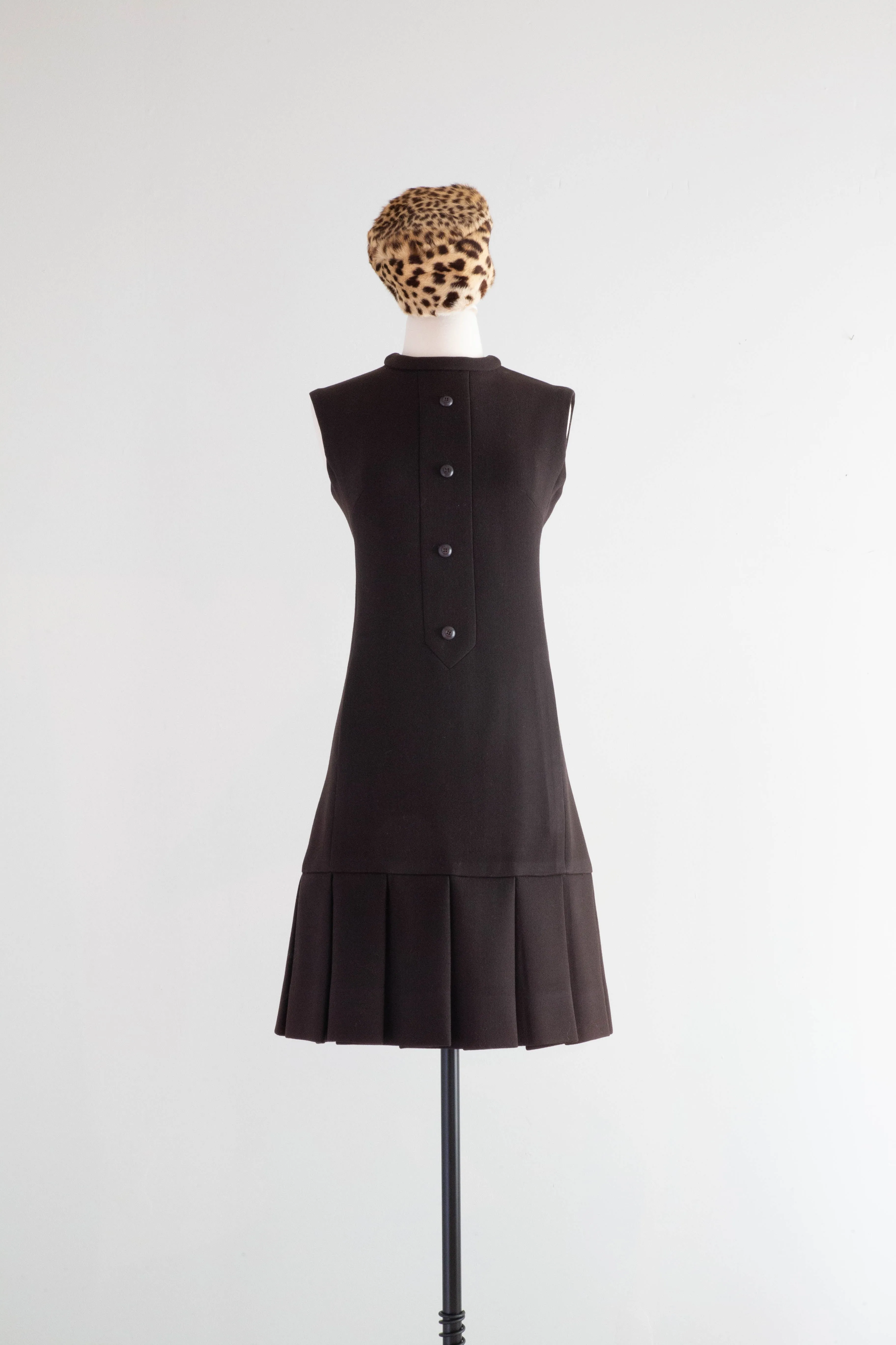 Iconic 1960's Chocolate Wool Dress & Matching Coat With Leopard Print Trim / Small