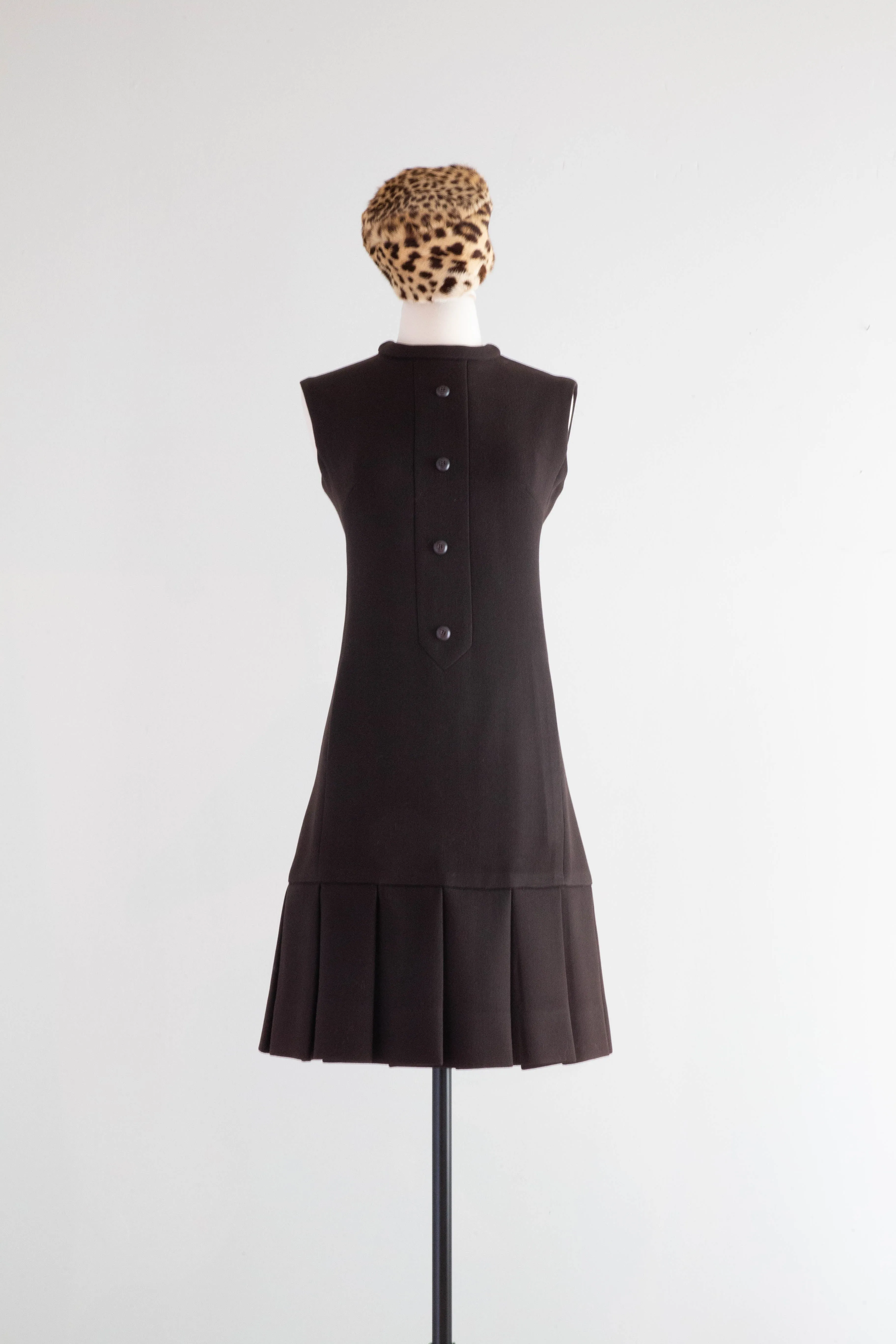 Iconic 1960's Chocolate Wool Dress & Matching Coat With Leopard Print Trim / Small