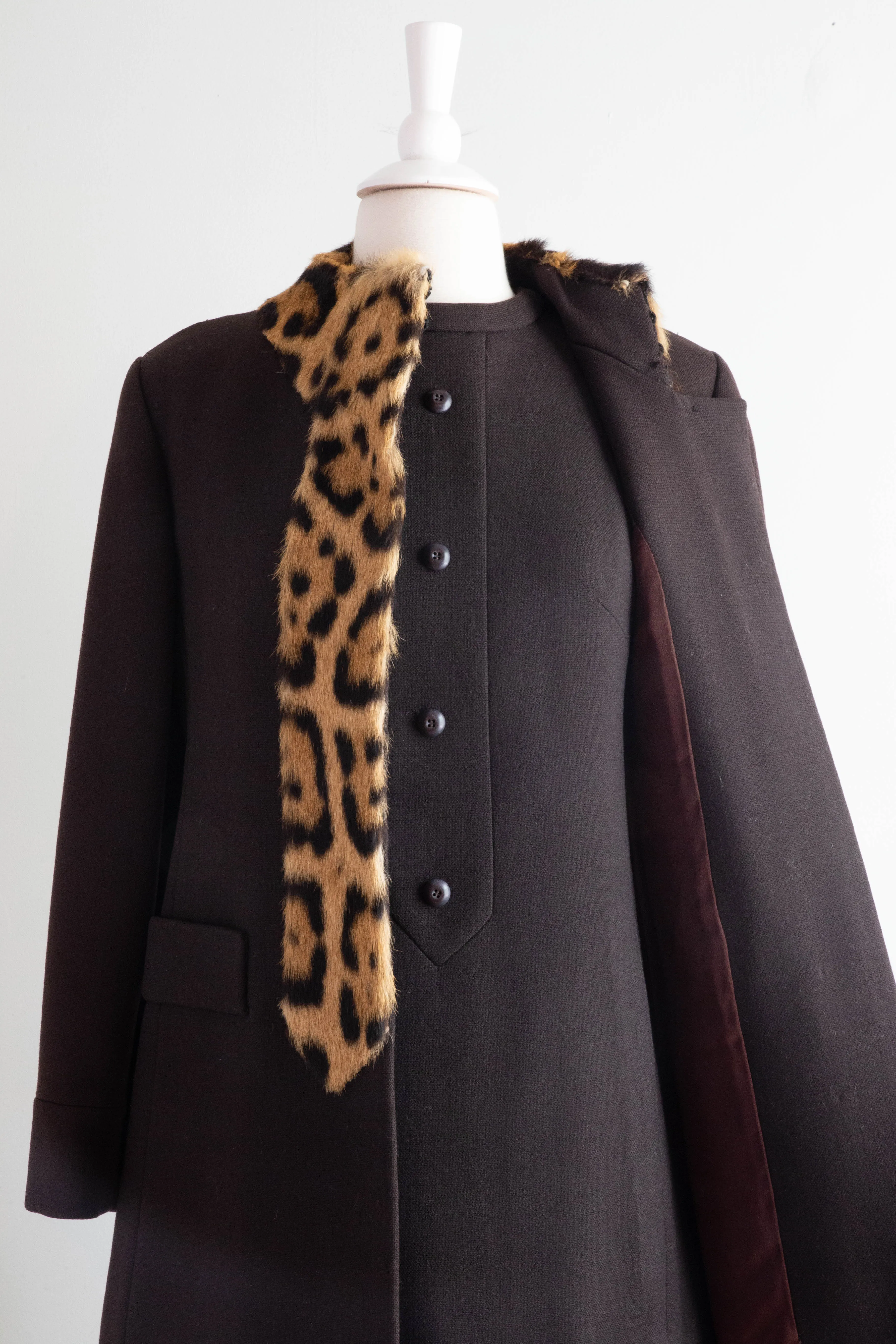 Iconic 1960's Chocolate Wool Dress & Matching Coat With Leopard Print Trim / Small
