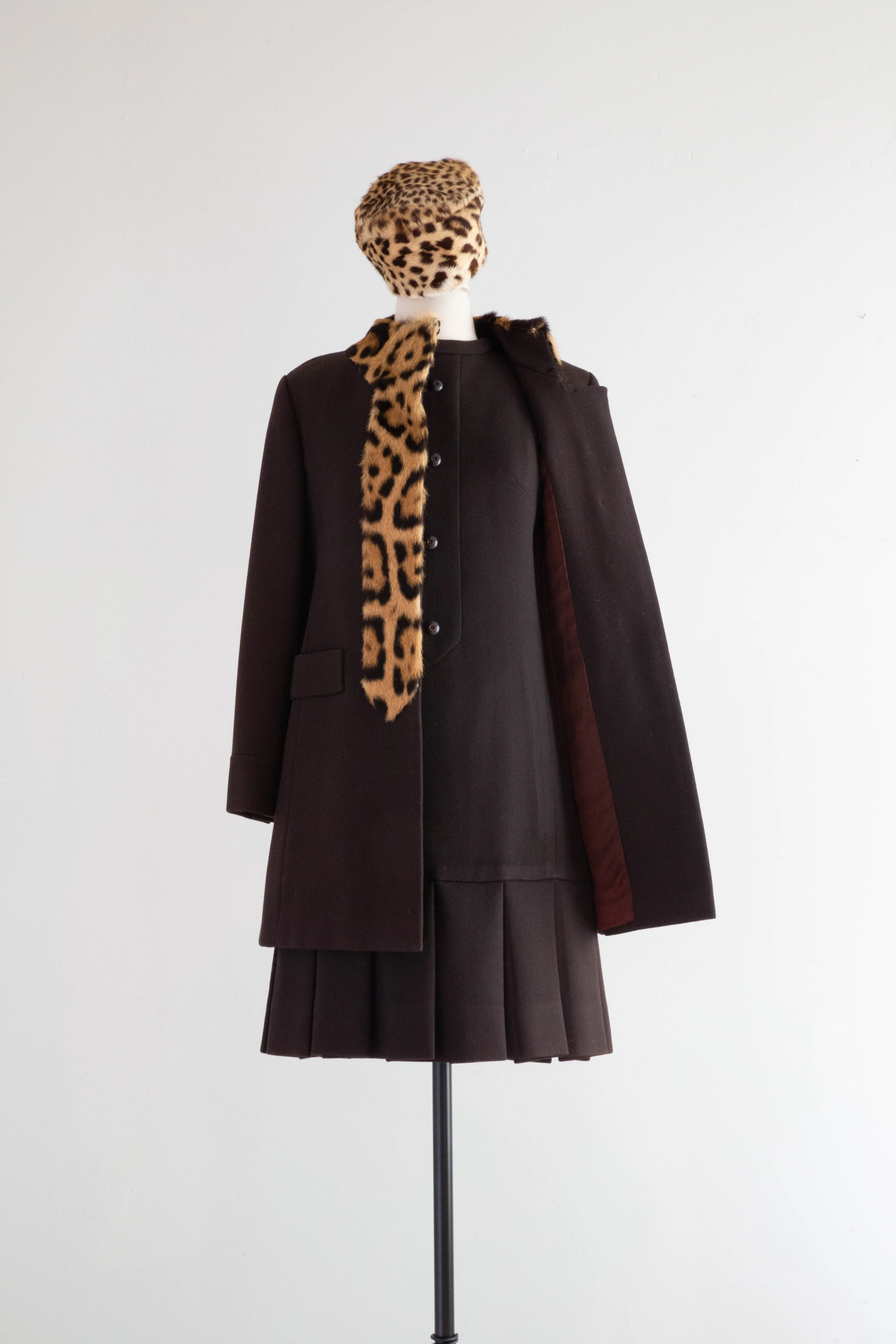 Iconic 1960's Chocolate Wool Dress & Matching Coat With Leopard Print Trim / Small
