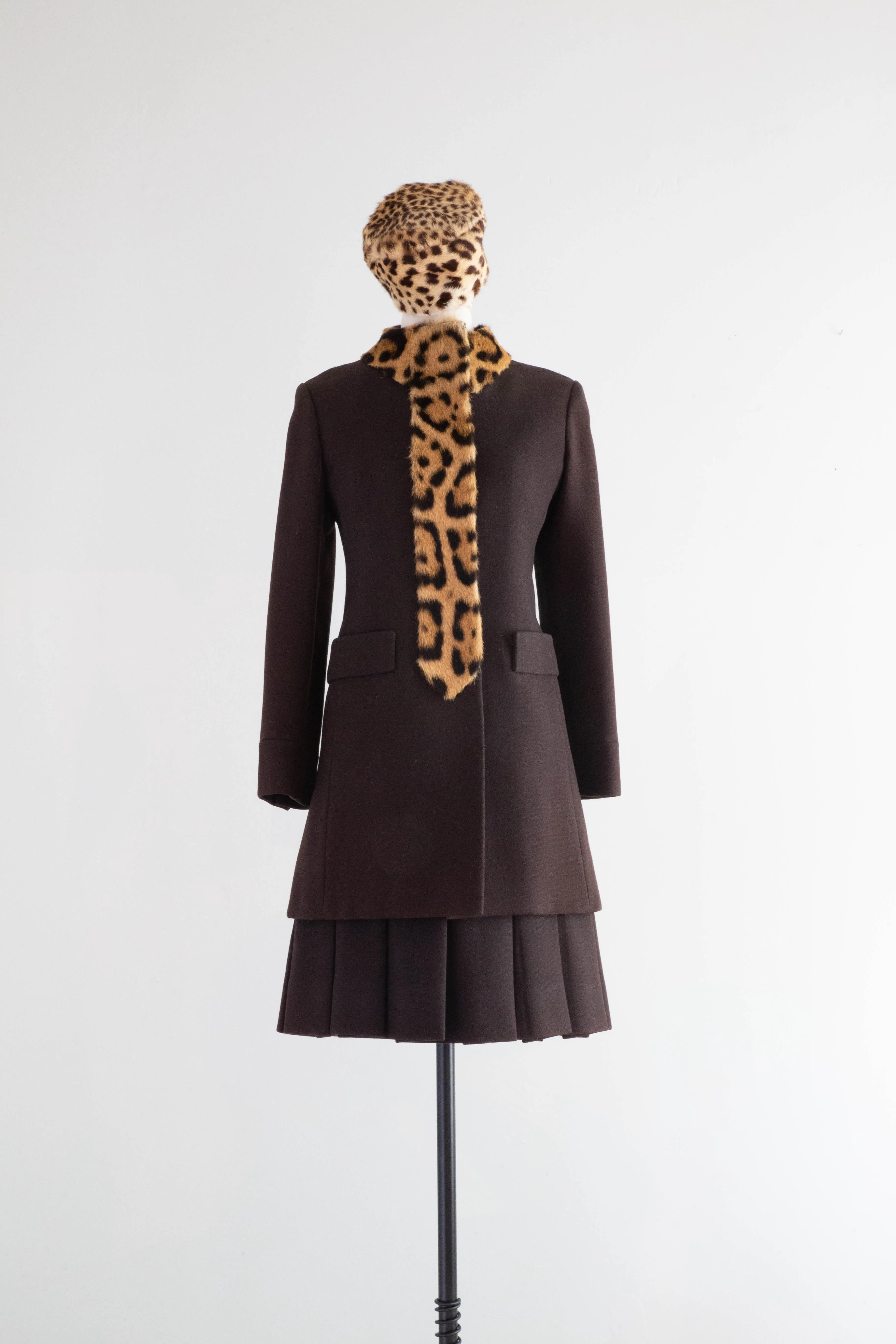 Iconic 1960's Chocolate Wool Dress & Matching Coat With Leopard Print Trim / Small