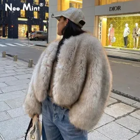 Iconic Fashion Luxury Gradient Cropped Faux Fur Coat for Women Winter Fluffy Short Fur Jacket