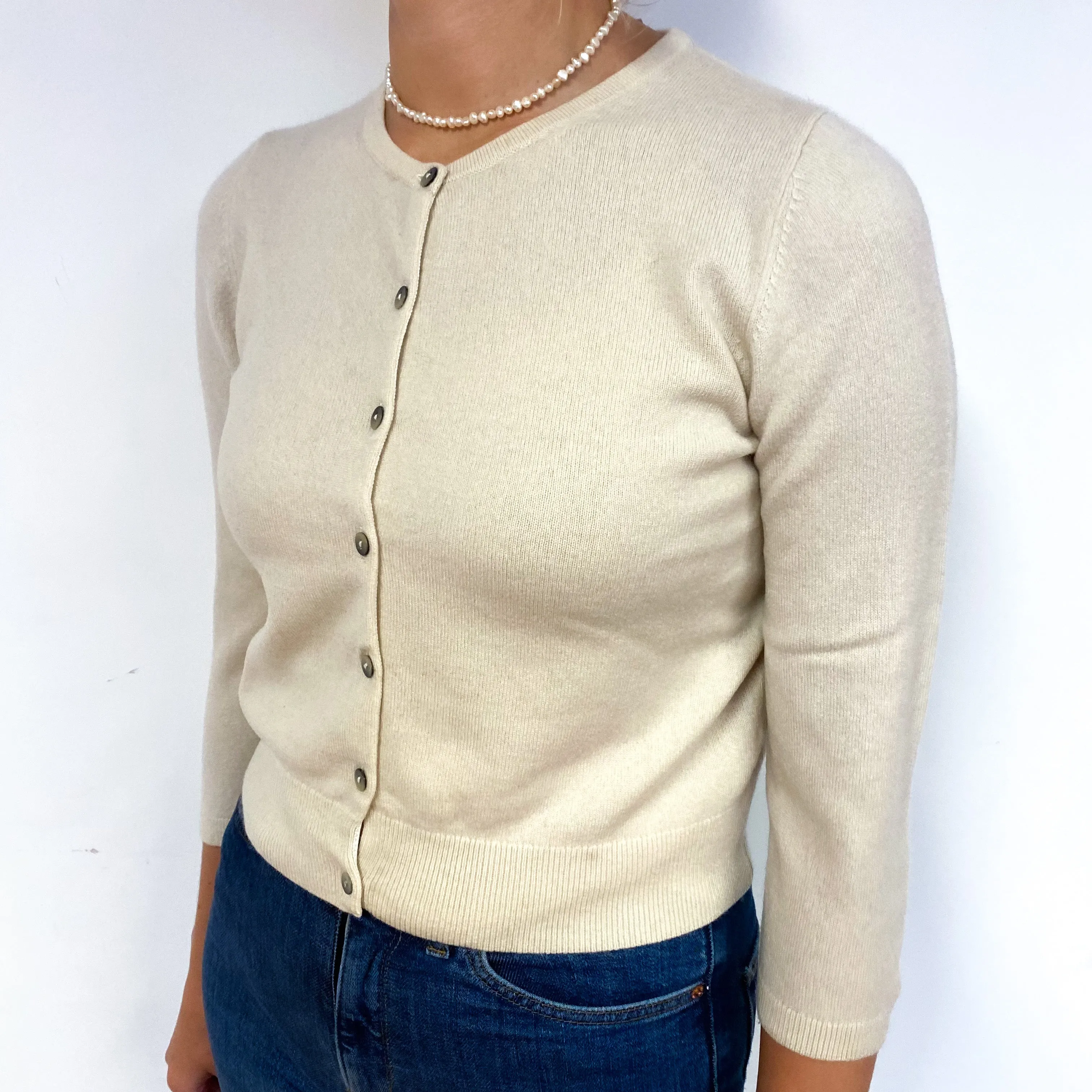 Ivory Cream 3/4 Sleeve Cashmere Cropped Cardigan Small
