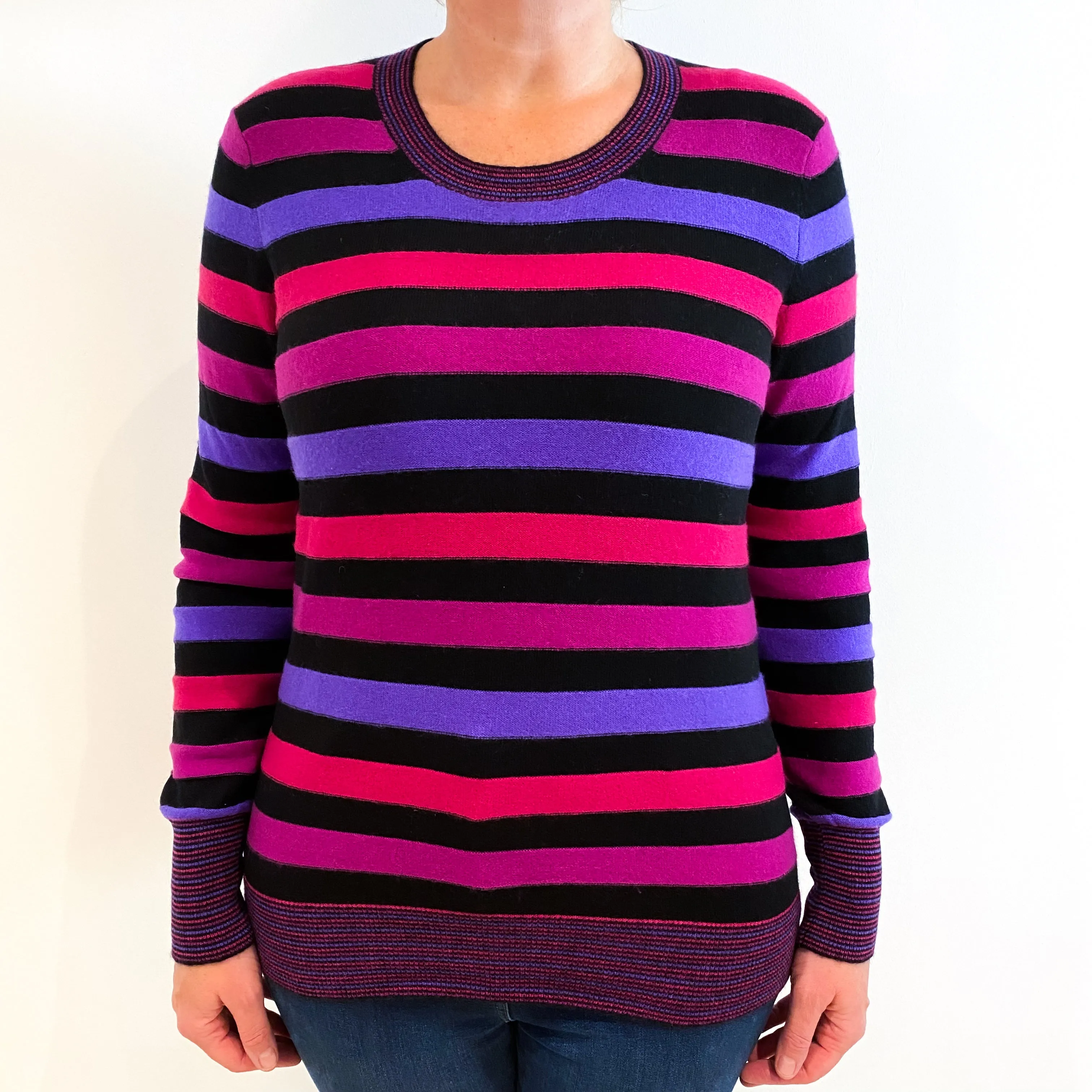 Jaeger Pink Purple and Black Striped Cashmere Crew Neck Jumper Large