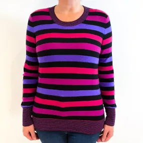 Jaeger Pink Purple and Black Striped Cashmere Crew Neck Jumper Large