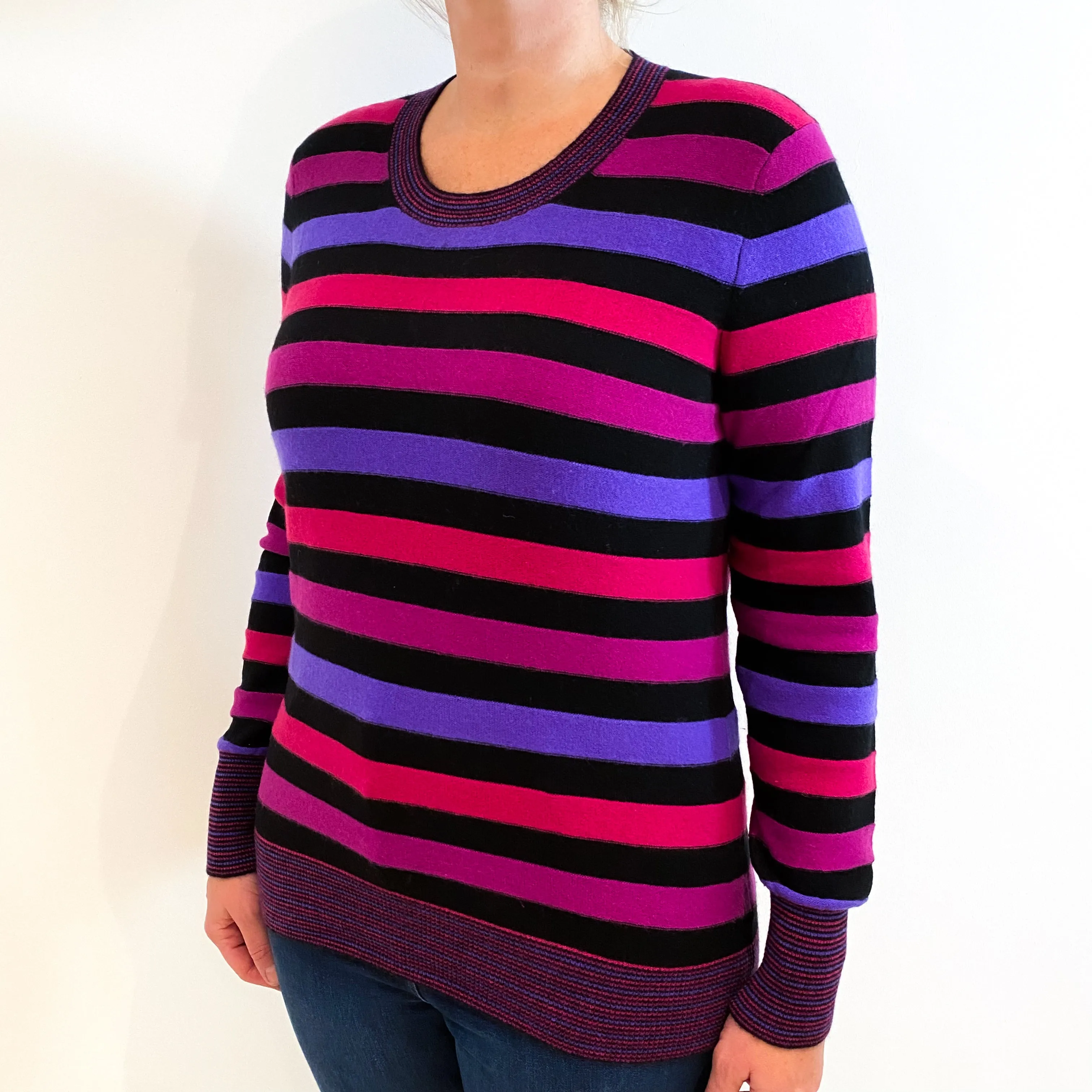 Jaeger Pink Purple and Black Striped Cashmere Crew Neck Jumper Large