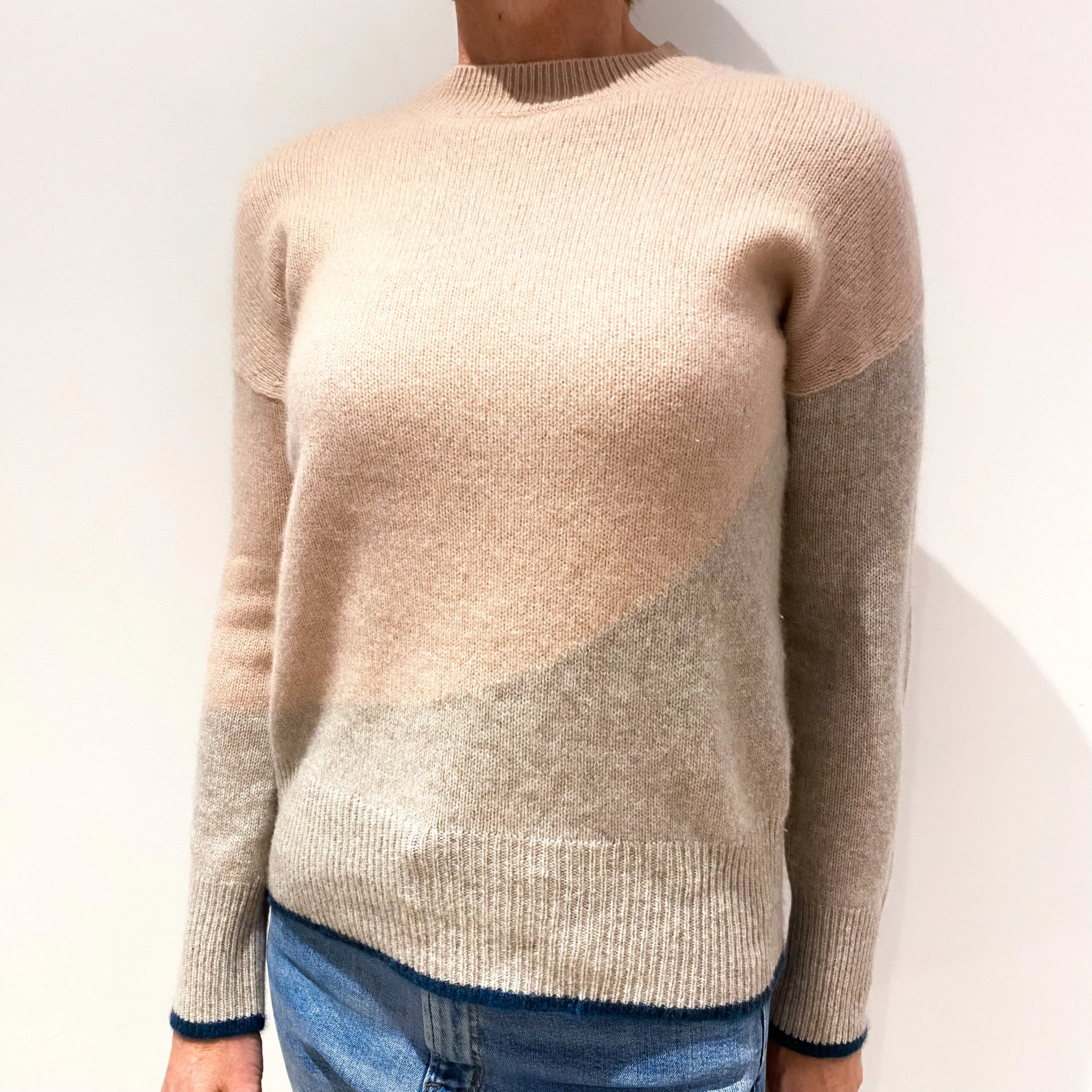 Jigsaw Dusky Pink and Beige Colour Block Cashmere Crew Neck Jumper Small