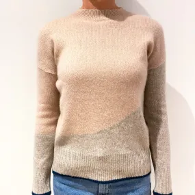 Jigsaw Dusky Pink and Beige Colour Block Cashmere Crew Neck Jumper Small