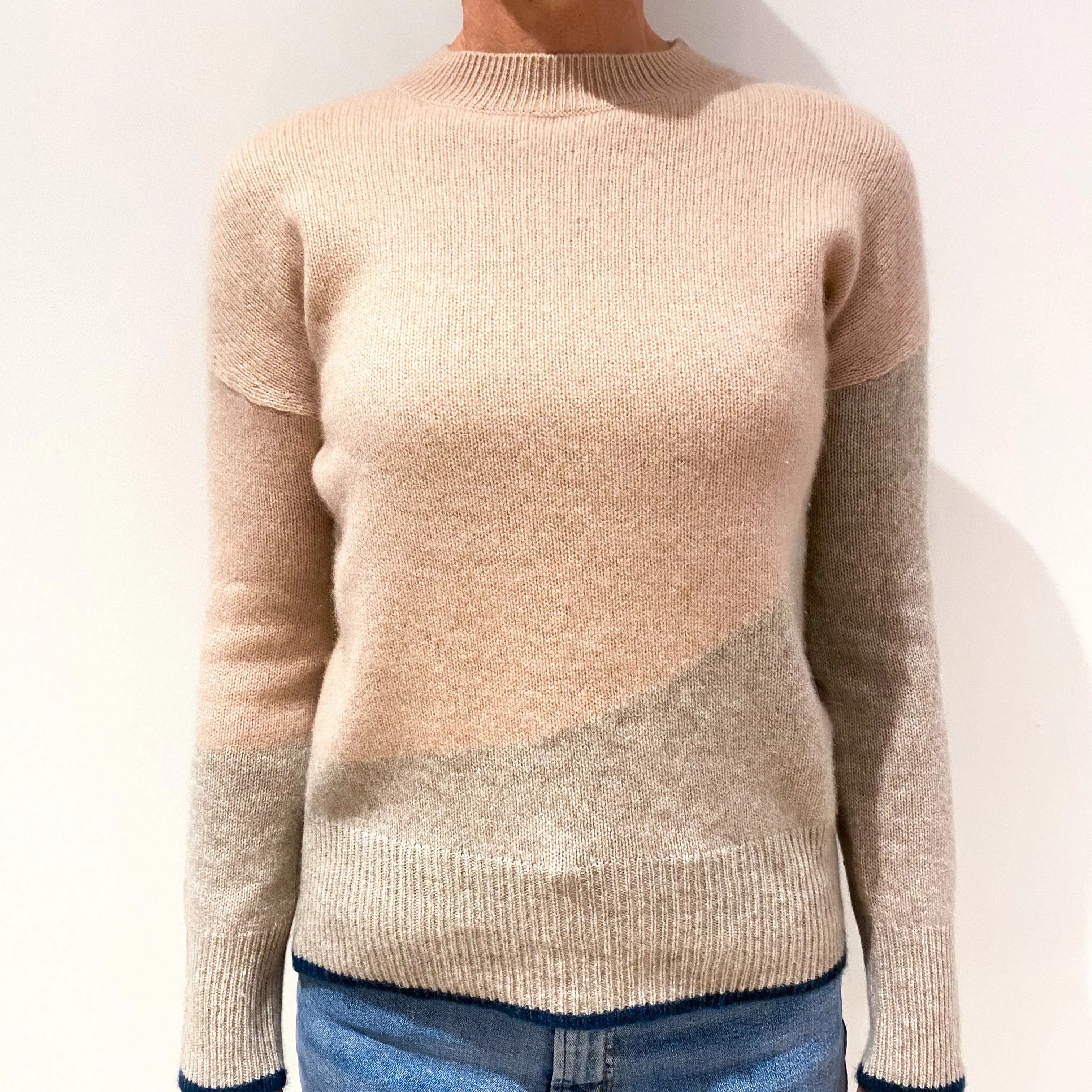 Jigsaw Dusky Pink and Beige Colour Block Cashmere Crew Neck Jumper Small