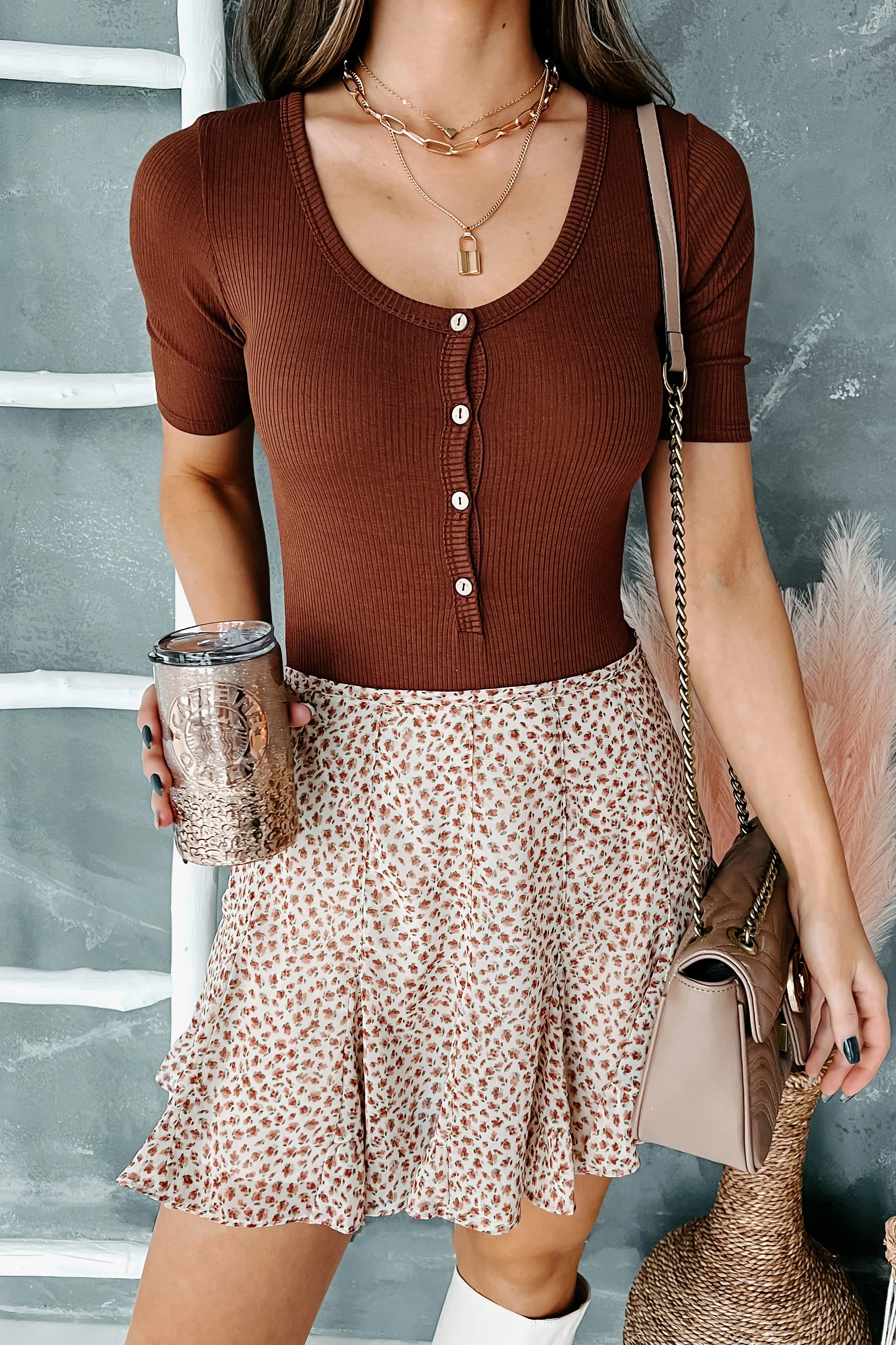 Just Because Button-Front Bodysuit (Rust)