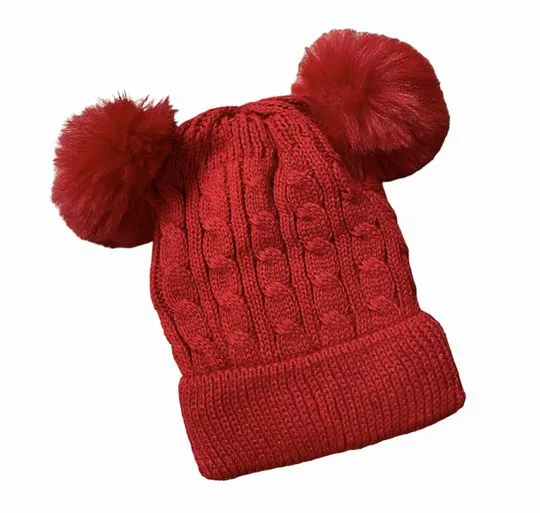 Knit soft velour lined double Pom Pom Toddler Hats