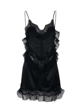 Lace Combo Slip Dress With High Hip Cutout Black