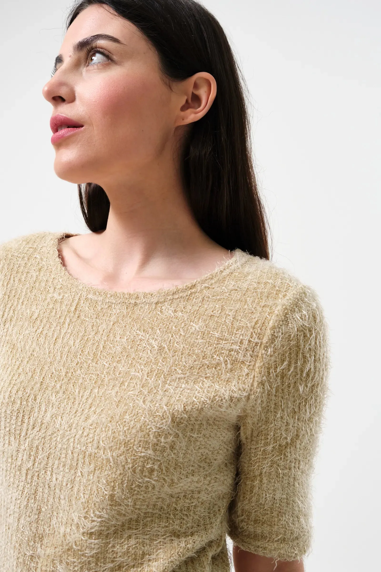 Laureen Eyelash Rib Short Sleeve Jumper - Beige
